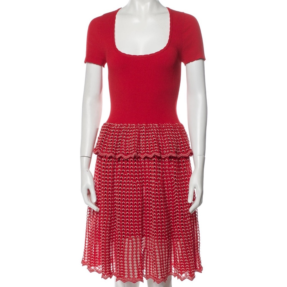Red Knit Dress with Patterned Skirt